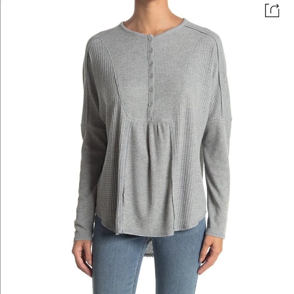 Gibsonlook Grey Mixed Rib Waffle Henley Knit Top